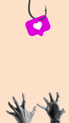 Like trap. Hands desperately reach for floating like icon hanging from hook, baiting attention. Visual metaphor of social media. Engaging product video