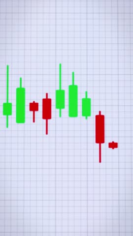 Vertical video animation of a moving candlestick chart in green and red, showing how a price goes up and down, on a white background, on a monitor. Volatility of investments (stock market, cryptocurre