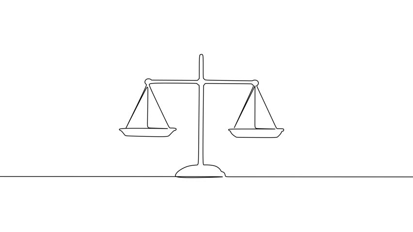 Animated self drawing of a single continuous line forming the scales of justice in perfect balance. Concept of law, fairness, and legal judgment. Full length one line animation.
