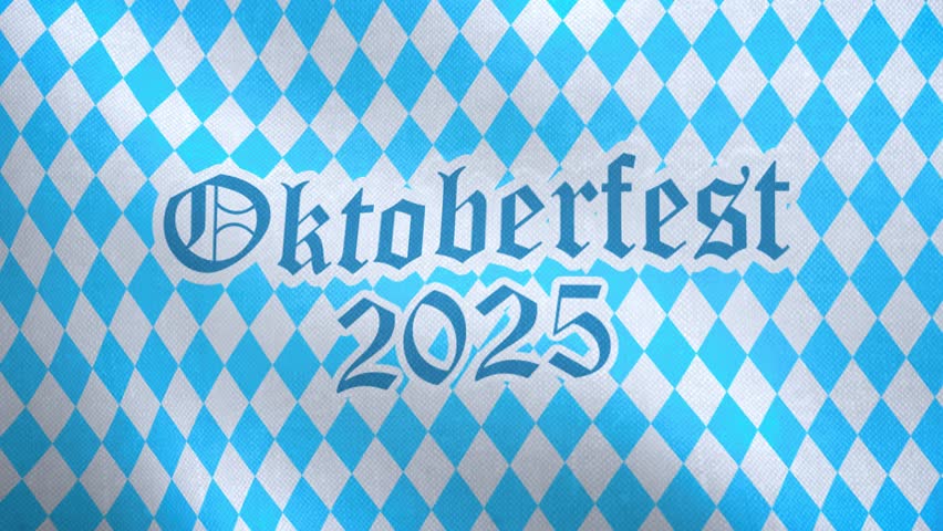 Video animation of a Bavarian flag with the lettering Oktoberfest 2025 - Bavarian flag with diamond pattern - seamless loop.