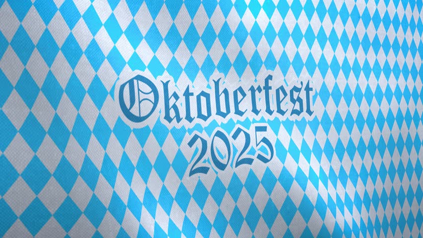 Video animation of a Bavarian flag with the lettering Oktoberfest 2025 - Bavarian flag with diamond pattern - seamless loop.
