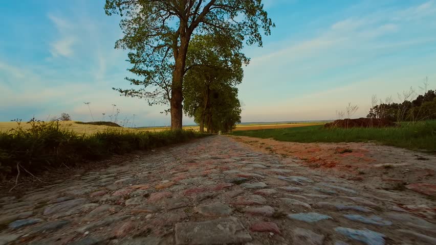 POV car driving on cobblestone road at sunset through peaceful countryside. Car moving along rural stone path during golden hour, point of view perspective. Sunset light covering village trail while