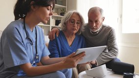 Nurse supporting senior couple with difficult medical news on tablet. Nurse comforting worried senior couple while sharing results on digital tablet - Powered by Shutterstock - Get 15% off with code: PIKWIZARD15