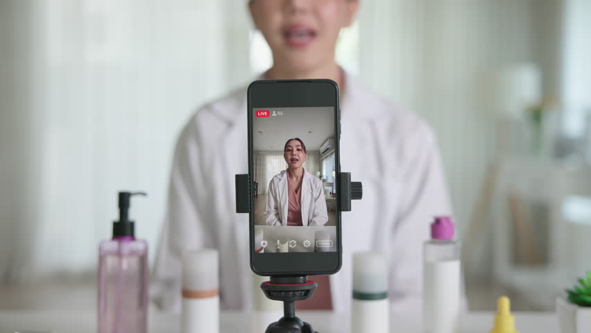 Asia woman people anti aging expert modern health vlogger live advice talk selfie video mobile phone camera. Online digital seller asian small SME store shop owner side hustle filming sell skin care.