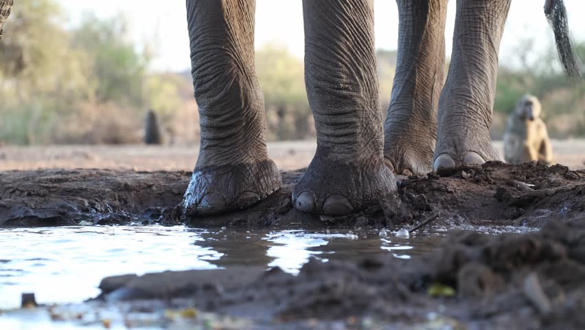 A medium shot of an African elephant's feet while drinking and a troop of Chacma baboons sitting in the background. Filmed from an underground hide at a ow angle in Mashatu Game Reserve, Botswana.