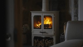 A fireplace with a white mantel and a large stack of wood. The fire is burning brightly and the room is warm and cozy - Powered by Shutterstock - Get 15% off with code: PIKWIZARD15