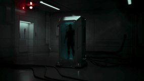 Eerie sci-fi cryopod scene with red alarm, flickering light, and sudden hand press on frosted glass. - Powered by Shutterstock - Get 15% off with code: PIKWIZARD15