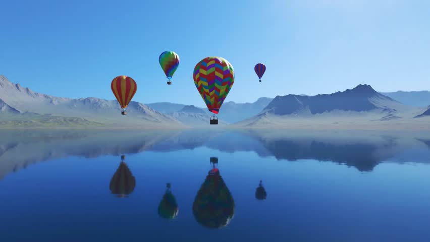 Hot Air Balloons Over The Lake And Mountains Colorful Balloons Flying Against Blue Sky.