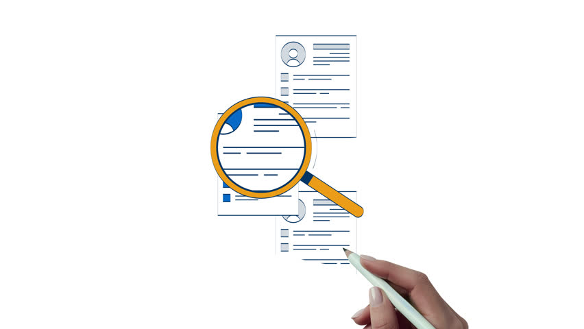 Candidate search with magnifying glass over resumes hand drawn 2D object animation. Recruitment loupe. Talent acquisition animated handdrawn element isolated on white. Cartoon doodle 4K video