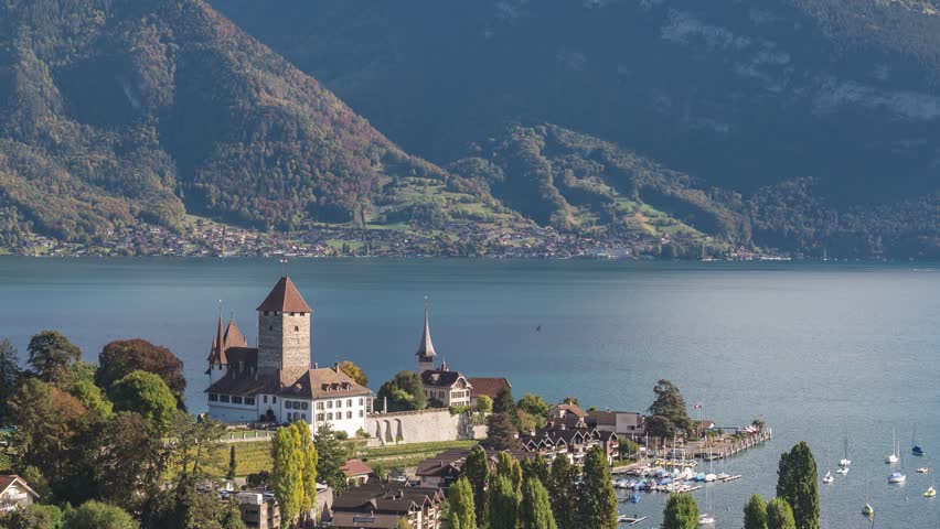 Spiez Switzerland time lapse city skyline at Lake Thun in autumn season