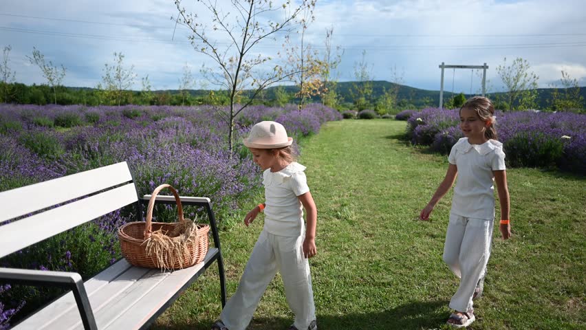 Two Young Girls Discovering the Beauty of a Vibrant Lavender Field in Summer.