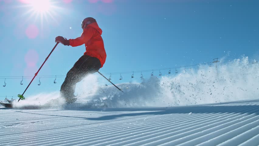 Skier skiing in the scenic mountains . Super slow motion at 1000 fps