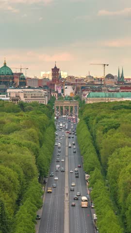 Berlin Germany time lapse high angle view city skyline at Brandenburg Gate and Tier Garden (Vertical)