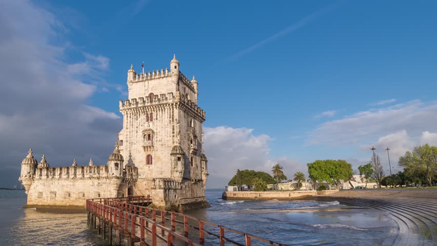 Lisbon Portugal time lapse city skyline at Belem Tower
