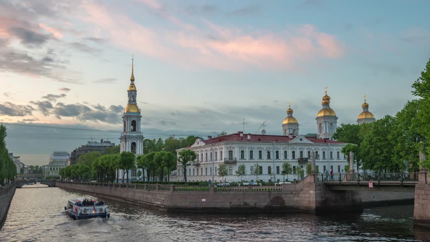 Saint Petersburg Russia time lapse sunset city skyline at St. Nicholas Naval Cathedral