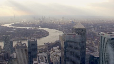 LONDON - MARCH 28: Panoramic aerial shot of the Canary Wharf financial district March 28, 2013 in London, England. 