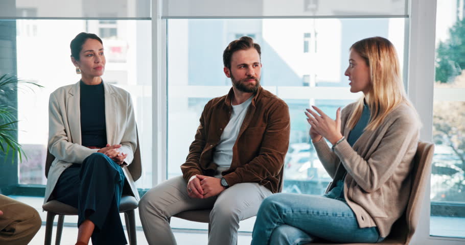 Share story, support group and discussion for counseling or addiction recovery with alcoholics. People, talk and psychologist with circle for therapy, confession or help for rehabilitation in clinic