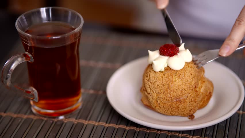 Cream Puff Dessert. Enjoying Sweet Pastry Fine Dining. Afternoon Tea With Treat Delicate Cake. Berry And Cream Delicious Dessert Bakery Goodies. Cutting Pastry Dessert Time. Gourmet Food Sweet Pastry
