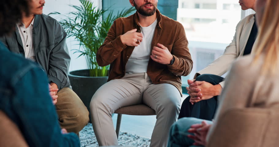 Hands, support group and talk for counseling with help, depression recovery and anxiety. People, discussion and psychologist with circle for therapy, confession or advice for mental health in clinic