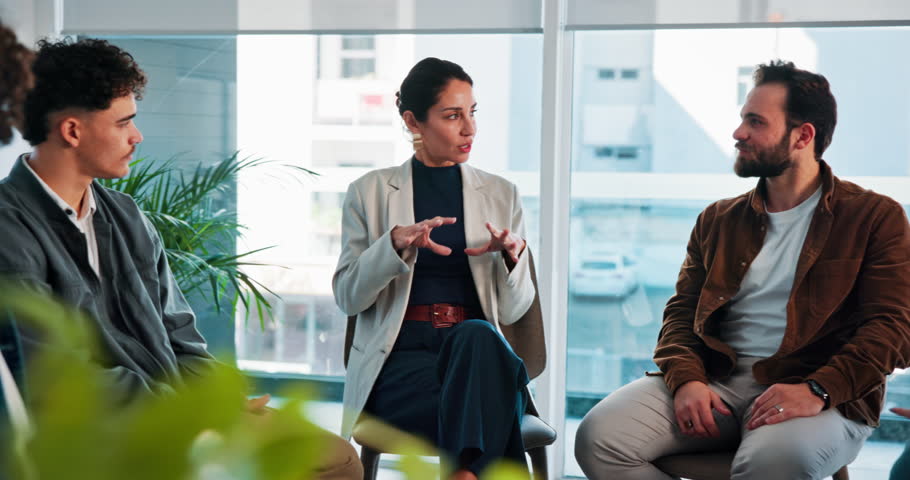 Share story, support group and discussion with therapist for addiction recovery with alcoholics. People, talk and psychologist in meeting for therapy, counseling or help for rehabilitation in clinic