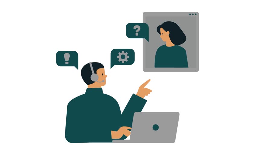 A support agent wearing a headset is pointing towards a woman's profile on a screen. An illustration of customer service, online technical support, and problem-solving.