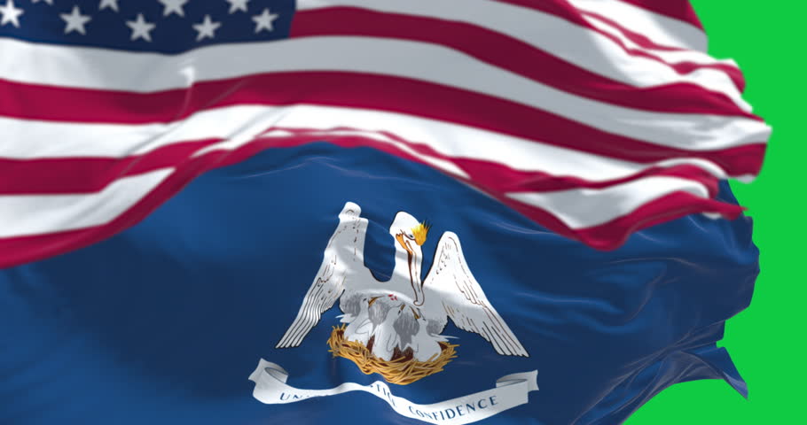 Louisiana state flag waving in front of the US flag isolated on green background. Seamless 3D render animation. Chroma key. Slow motion loop. Green screen. 4K. Selective focus