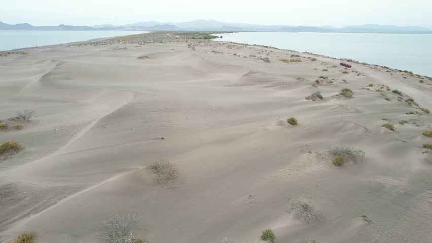 Drone flight over Mogote Dunes in La Paz, Baja California Sur, Mexico
