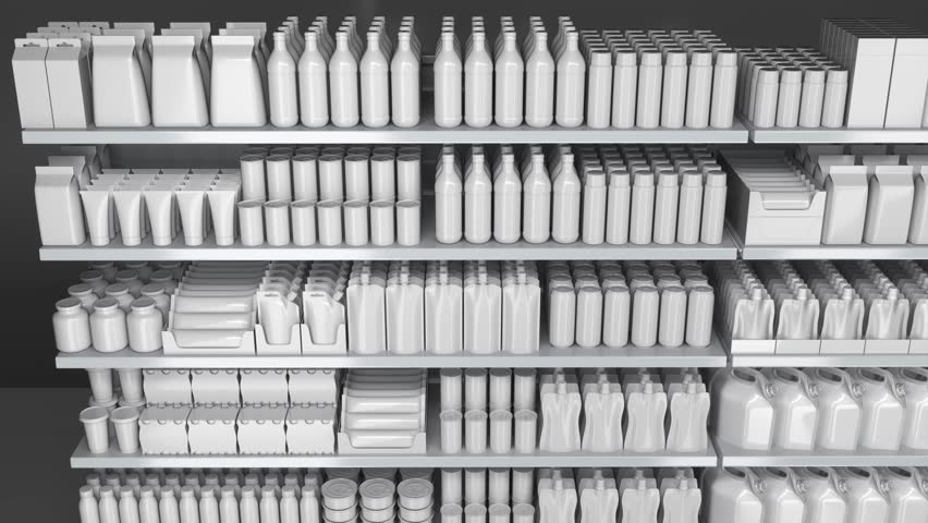 Supermarket shelves mockup with blank dairy and other food products isolated on gray. Sliding motion. 3d animation