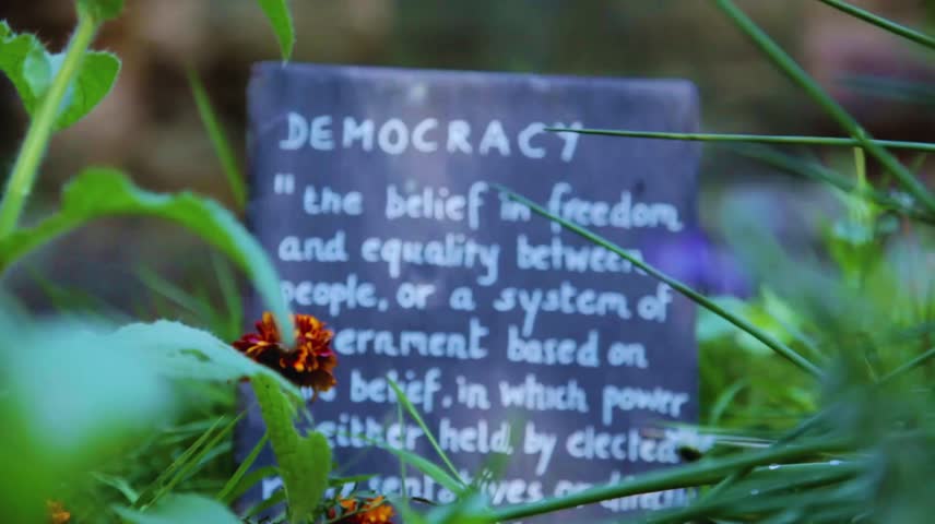 Definition of Democracy and Natural Power Written on Slate among Grass with Light Breeze – Nature and Political Awareness Concept