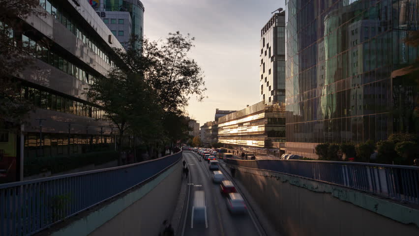 sunset time istanbul city downtown traffic street tunnel bridge panorama 4k timelapse turkey
