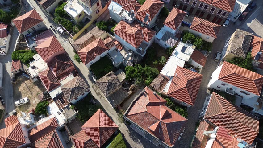 Pamfila, Island Lesvos, Greece - July 15th, 2025 - footage of the land-locked village and seaside part, mountains, landscapes, blue Aegean Sea, churches and traditional architecture 