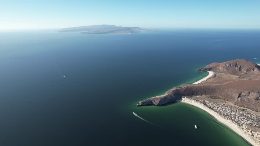 Aerial View of Desert Landscape with Mountains and Turquoise Beach – Baja California Sur, Mexico