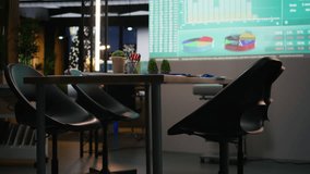 Empty office features modern tools displaying analytics after hours, forecasting metrics to ensure company strategy productivity. Data icons and performance indicators to support growth. - Powered by Shutterstock - Get 15% off with code: PIKWIZARD15