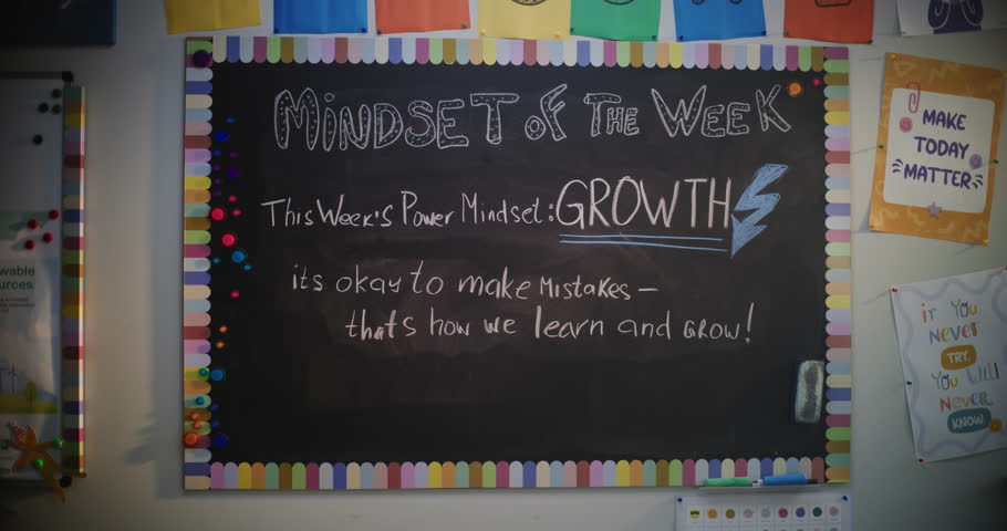 Female Teacher Wiping Motivational Message From Classroom Chalkboard, Finishing Psychology Lesson with Primary School Students. Woman Teaching Positive Mindset Building, Social and Emotional Learning.