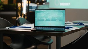 Close up of laptop running data insights in empty dark office late at night, forecasting financial situation and ensuring objectives accomplishment with indicators. Boardroom reporting. - Powered by Shutterstock - Get 15% off with code: PIKWIZARD15