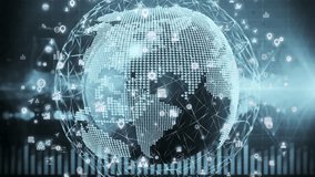 Abstract animation of a digital world map with glowing lines and connected nodes over a dark background, symbolizing global data flow, communication, and modern networking - Powered by Shutterstock - Get 15% off with code: PIKWIZARD15