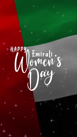 Happy Emirati Women's Day with waving flag and fireworks. Suitable for celebrations, social media, posters, and cultural events promotion.