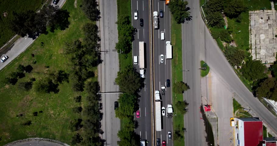 Top-down aerial shot showing traffic problems on the Mexico–Querétaro Highway in the municipality of Cuautitlán Izcalli, part of the Metropolitan Area of Mexico City