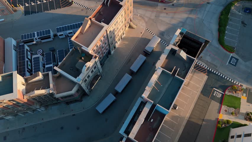 Aerial view of studio backlot and trams at Universal Studios Hollywood, June 22, 2025