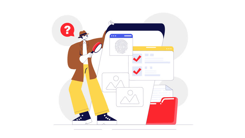 Animation of Private Investigator Illustration Featuring Detective Services with Magnifier, Binoculars and Newspaper Articles for Crime Investigation