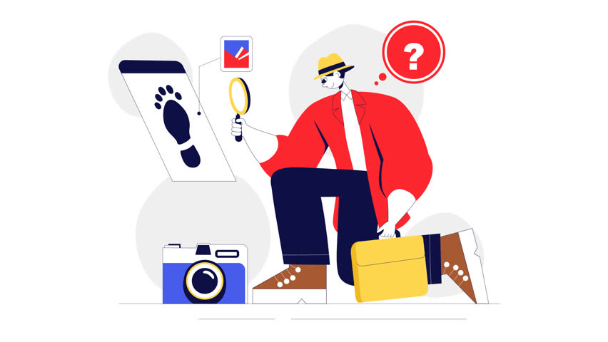 Animation of Private Investigator Illustration Featuring Detective Services with Magnifier, Binoculars and Newspaper Articles for Crime Investigation