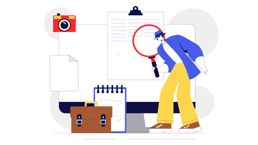 Animation of Private Investigator Illustration Featuring Detective Services with Magnifier, Binoculars and Newspaper Articles for Crime Investigation