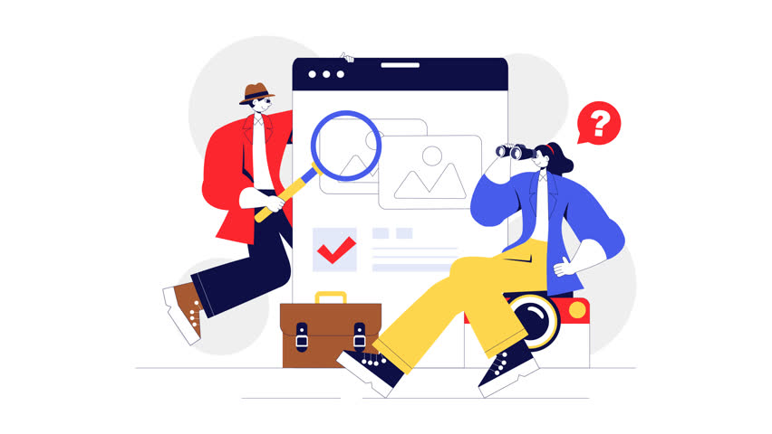 Animation of Private Investigator Illustration Featuring Detective Services with Magnifier, Binoculars and Newspaper Articles for Crime Investigation