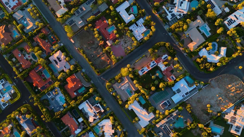 Aerial Top View of Palm Springs Residential Neighborhood at Sunrise