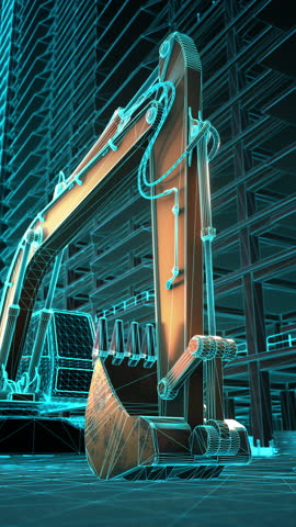 Excavator arm shifts into glowing neon wireframe overlay against dark site background with visible metal shading and 3D motion for industrial technology presentation