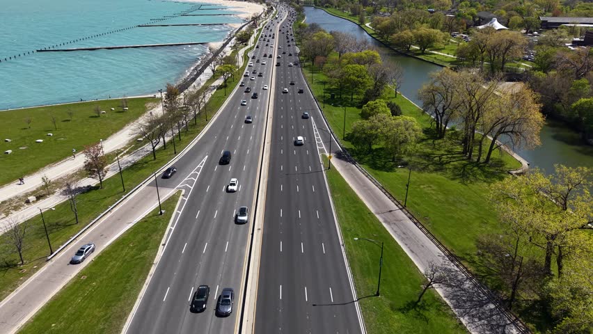 Chicago USA, Revealing Drone Shot of Cityscape Skyline From Lake SHore Drive and Lincoln Park