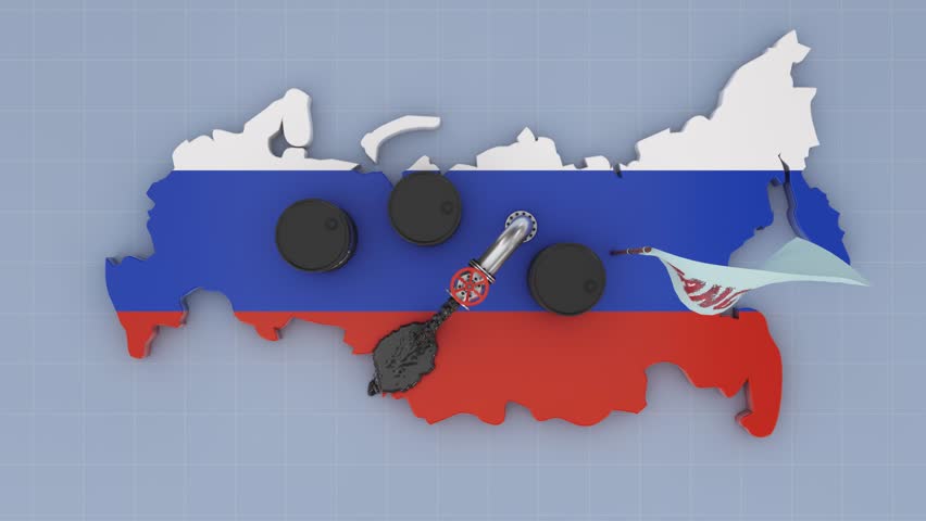 Animation of the concept of economic sanctions against Russian oil. The pipe from which oil is poured onto the map of Russia symbolizes the trade embargo and geopolitical crisis. 3D render.
