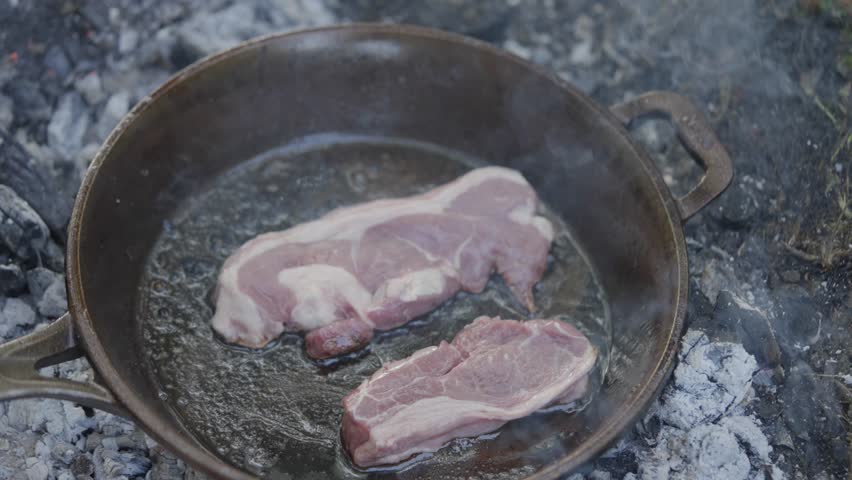 Two pieces of meat are cooking in a pan on a fire. The pan is black and the meat is brown