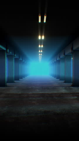 An endless looping background travelling along a dark moodily lit underground carpark with glowing lighting.