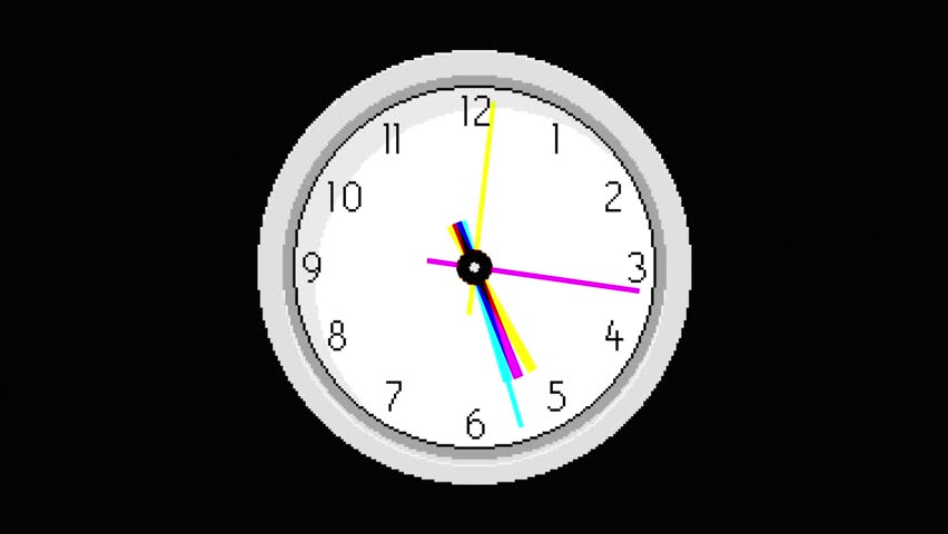 Animation of pixel art clock with rotating hands and glitch distortion on black background. Includes RGB shift in retro digital style.